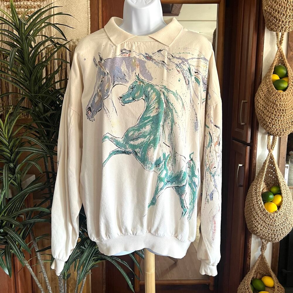 Vintage 90s Horse Sweatshirt USA Made Hand Painted Signed Cream M Equestrian